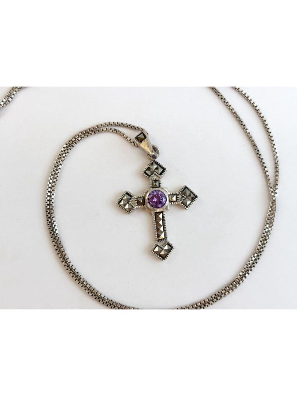 Art Deco Amethyst & Marcasite Sterling Silver 925 Vintage Pendant Necklace - 20" - Picture 2 of 16